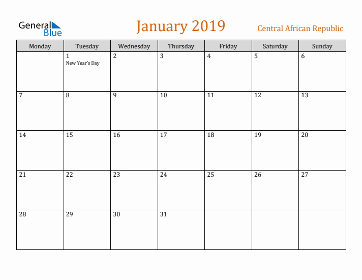 January 2019 Holiday Calendar with Monday Start