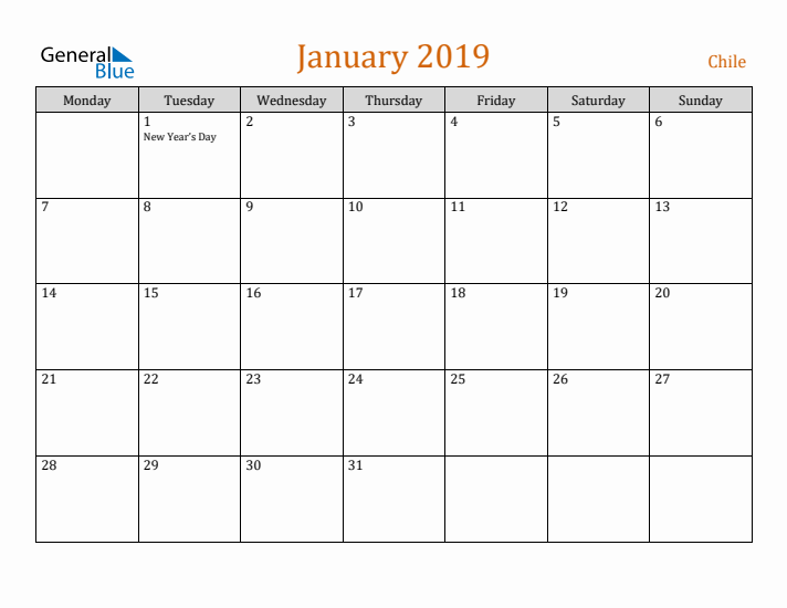 January 2019 Holiday Calendar with Monday Start