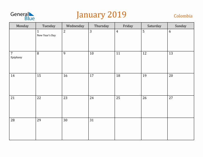 January 2019 Holiday Calendar with Monday Start