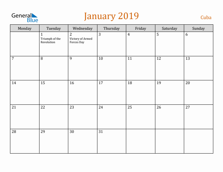 January 2019 Holiday Calendar with Monday Start