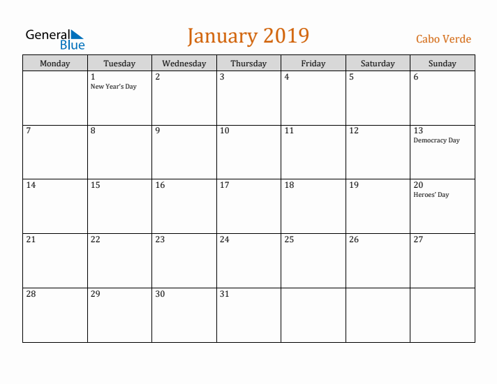 January 2019 Holiday Calendar with Monday Start