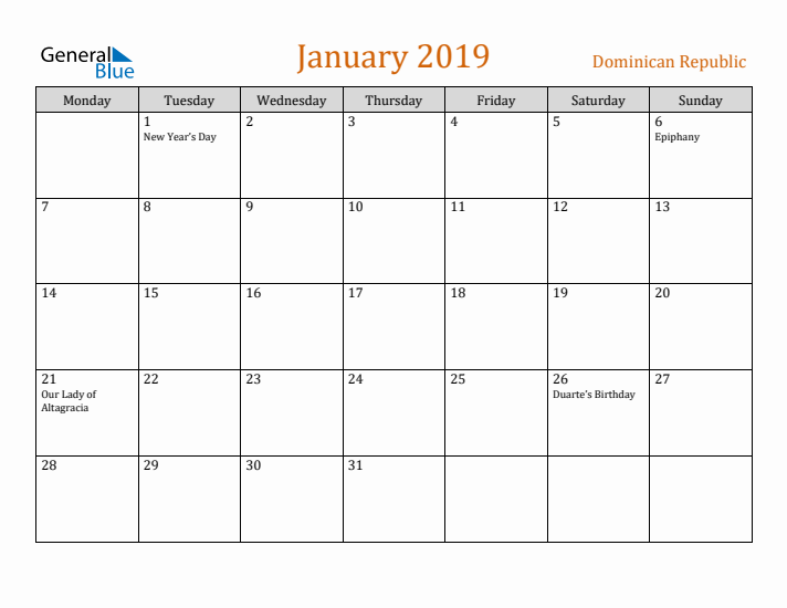 January 2019 Holiday Calendar with Monday Start