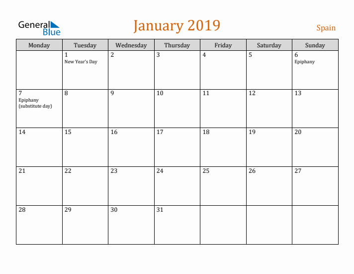 January 2019 Holiday Calendar with Monday Start