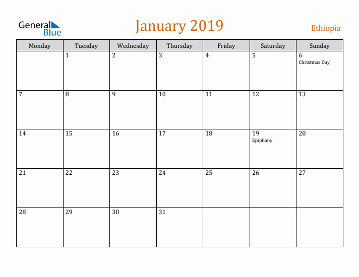 January 2019 Holiday Calendar with Monday Start