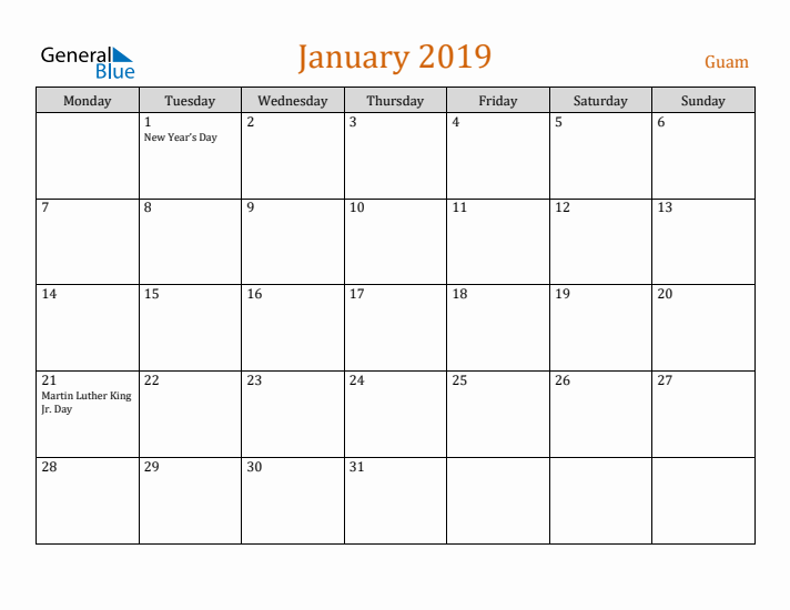 January 2019 Holiday Calendar with Monday Start