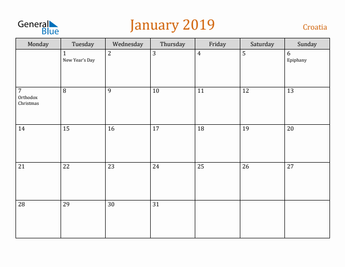 January 2019 Holiday Calendar with Monday Start