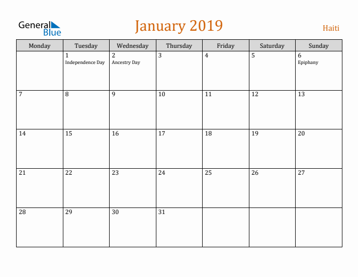 January 2019 Holiday Calendar with Monday Start