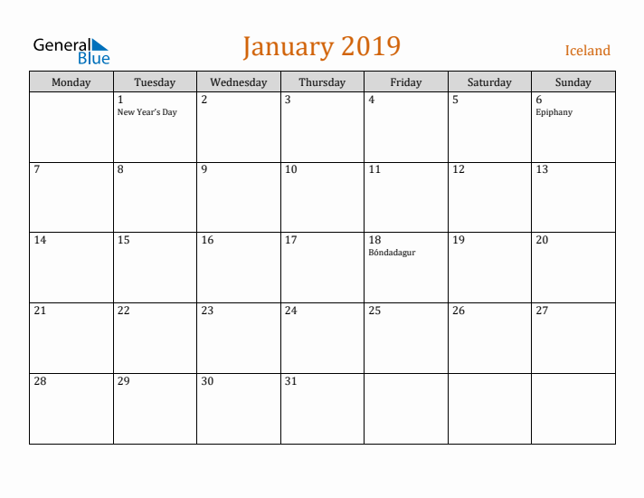 January 2019 Holiday Calendar with Monday Start