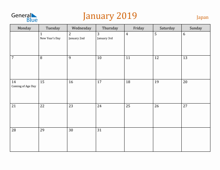 January 2019 Holiday Calendar with Monday Start