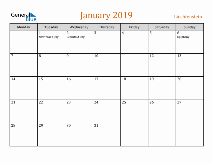 January 2019 Holiday Calendar with Monday Start