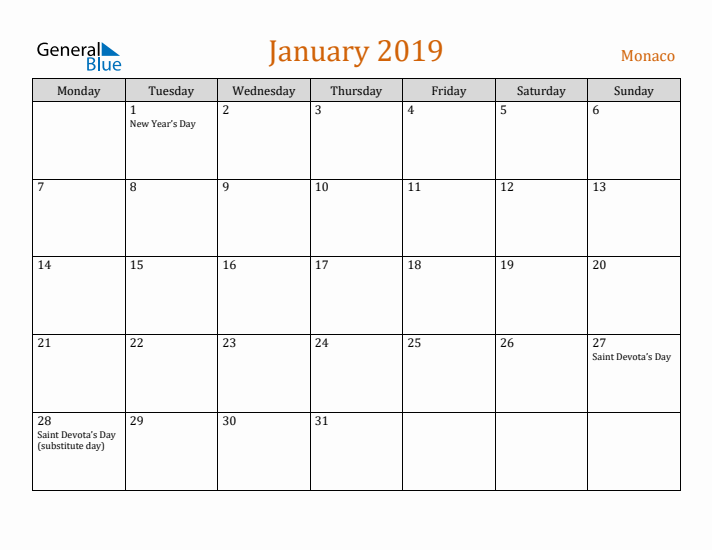 January 2019 Holiday Calendar with Monday Start