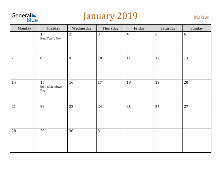 January 2019 Holiday Calendar with Monday Start