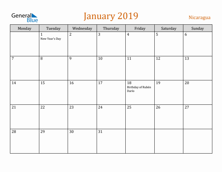 January 2019 Holiday Calendar with Monday Start