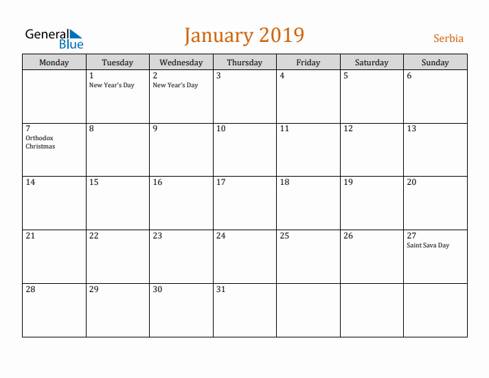 January 2019 Holiday Calendar with Monday Start