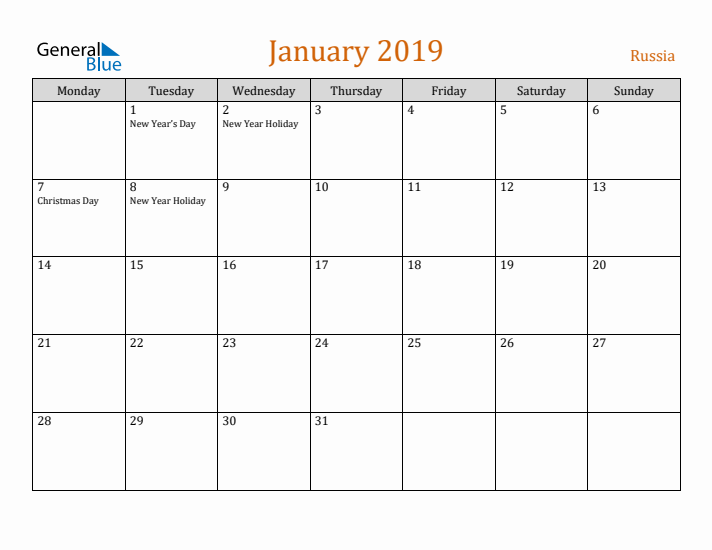 January 2019 Holiday Calendar with Monday Start