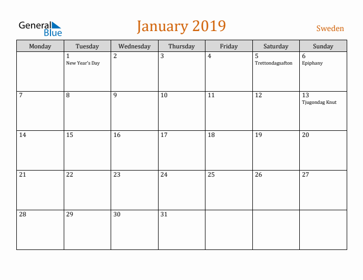 January 2019 Holiday Calendar with Monday Start