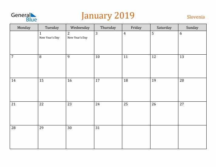 January 2019 Holiday Calendar with Monday Start