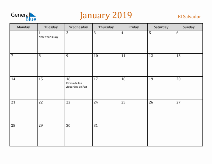 January 2019 Holiday Calendar with Monday Start