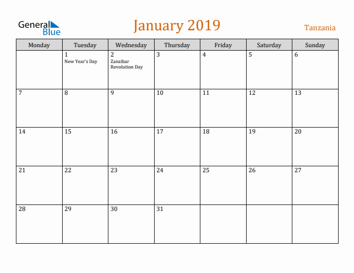 January 2019 Holiday Calendar with Monday Start