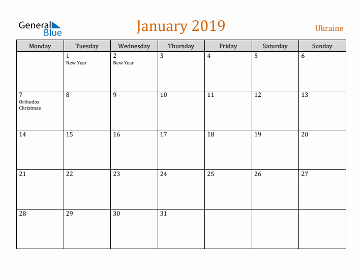 January 2019 Holiday Calendar with Monday Start