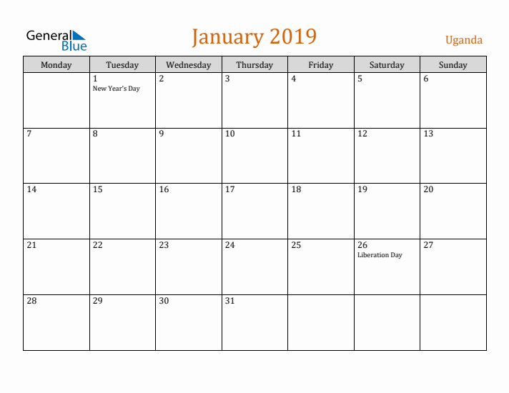 January 2019 Holiday Calendar with Monday Start