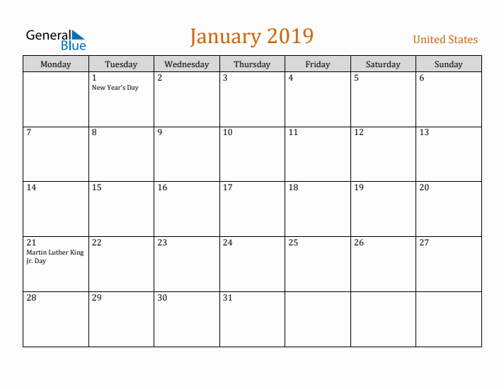 January 2019 Holiday Calendar with Monday Start