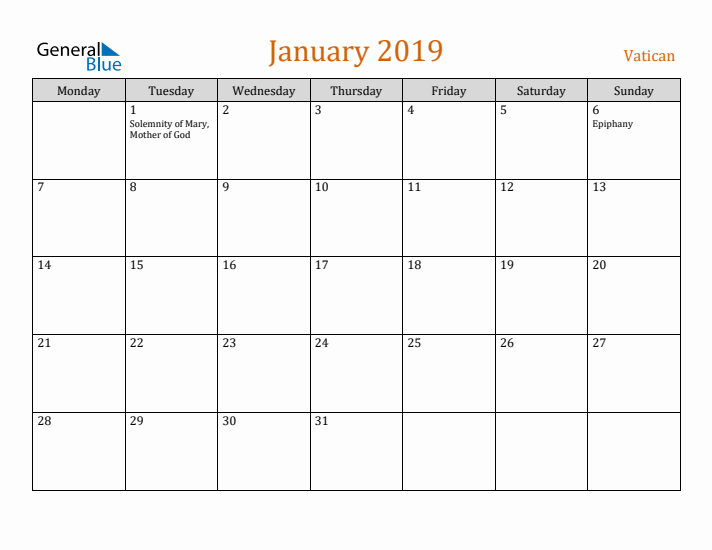 January 2019 Holiday Calendar with Monday Start