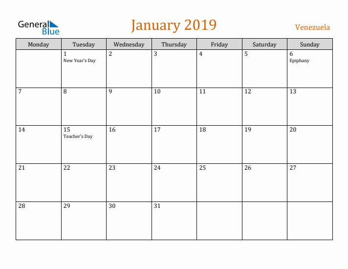 January 2019 Holiday Calendar with Monday Start