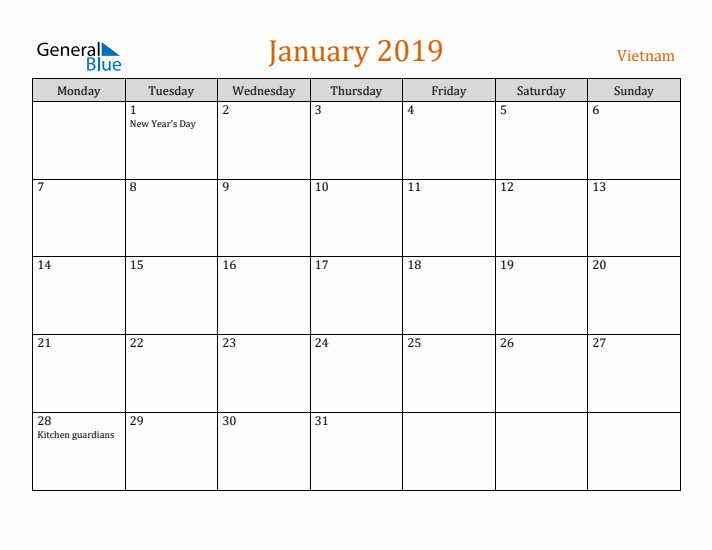 January 2019 Holiday Calendar with Monday Start