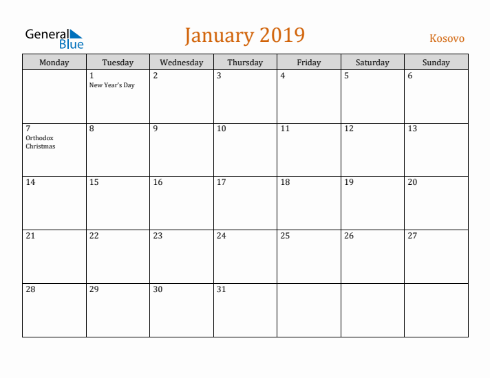 January 2019 Holiday Calendar with Monday Start