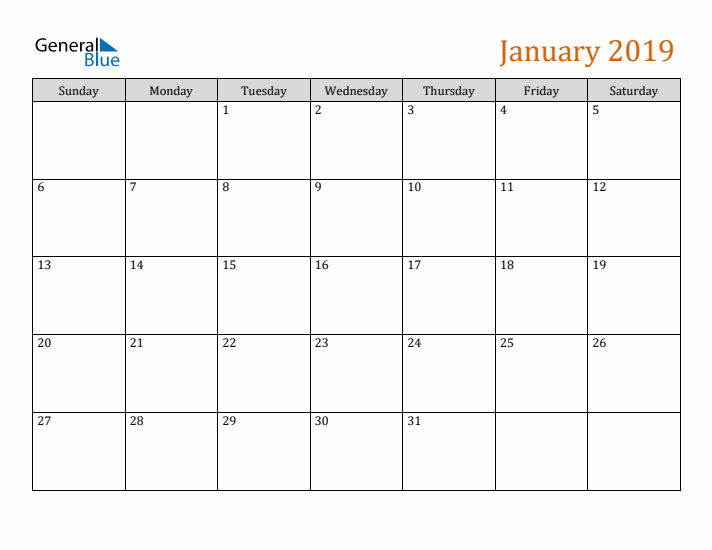 Editable January 2019 Calendar