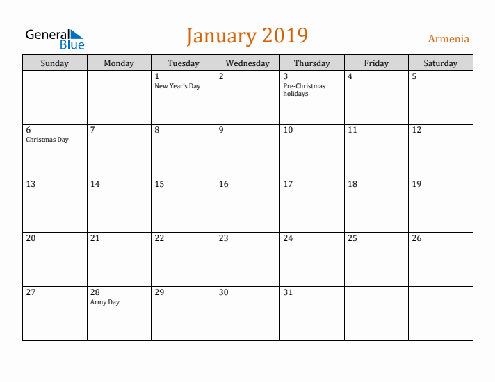 January 2019 Holiday Calendar with Sunday Start