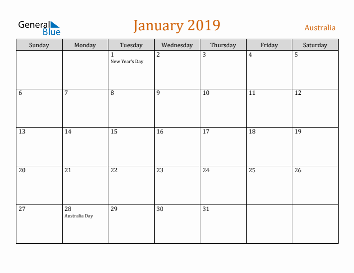 January 2019 Holiday Calendar with Sunday Start