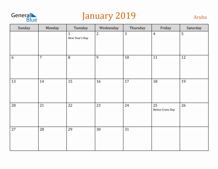 January 2019 Holiday Calendar with Sunday Start