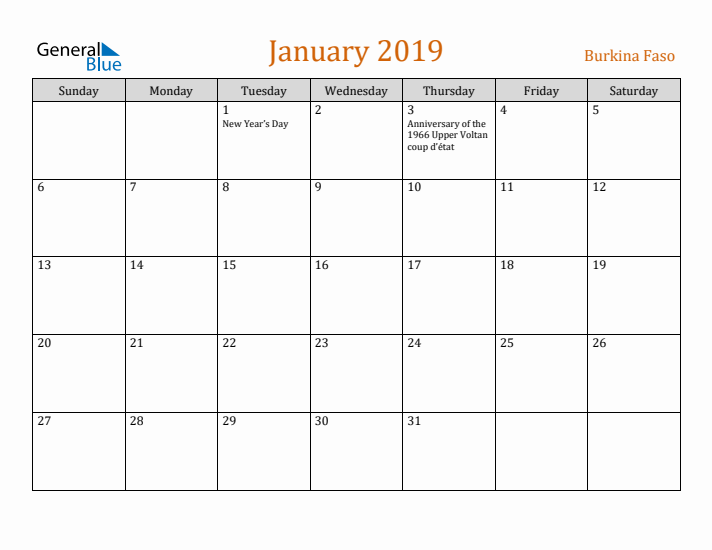 January 2019 Holiday Calendar with Sunday Start