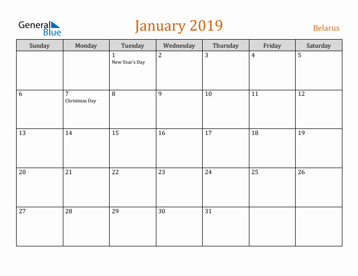 January 2019 Holiday Calendar with Sunday Start