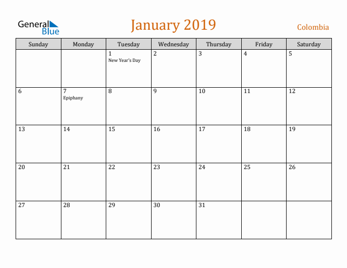 January 2019 Holiday Calendar with Sunday Start