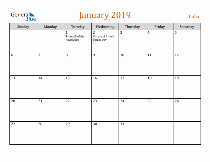 January 2019 Holiday Calendar with Sunday Start