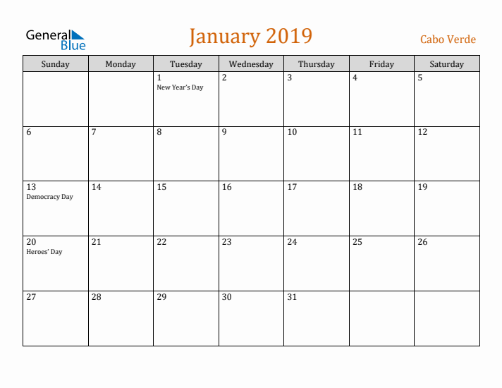 January 2019 Holiday Calendar with Sunday Start