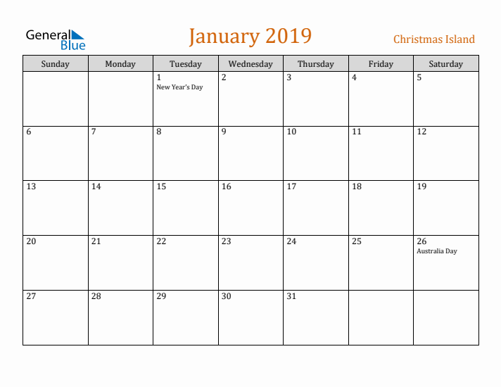 January 2019 Holiday Calendar with Sunday Start