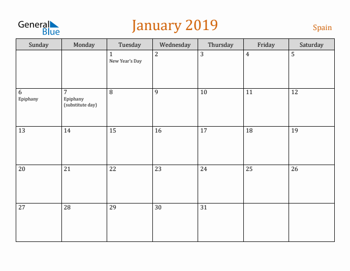 January 2019 Holiday Calendar with Sunday Start