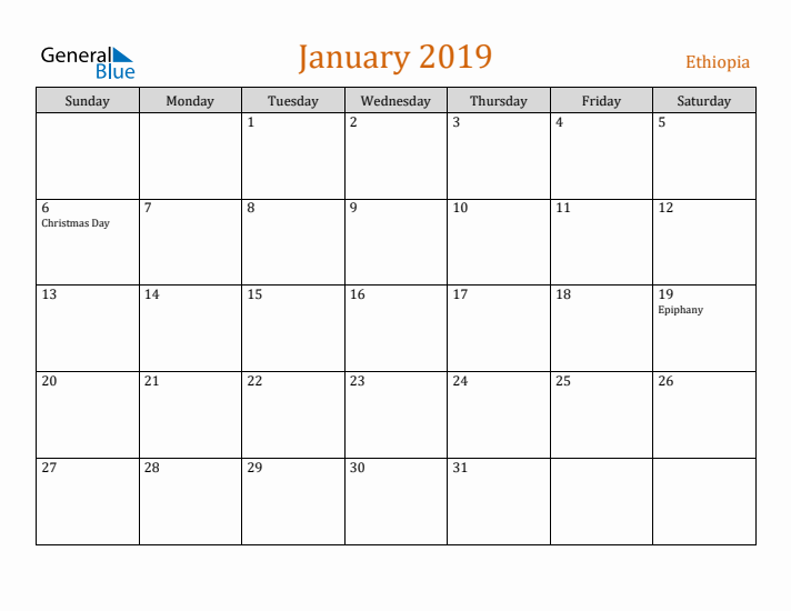 January 2019 Holiday Calendar with Sunday Start