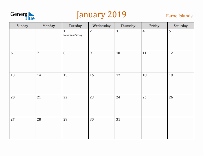 January 2019 Holiday Calendar with Sunday Start