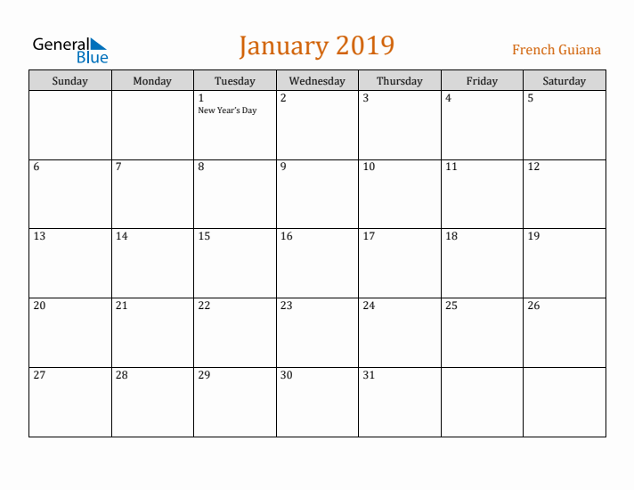 January 2019 Holiday Calendar with Sunday Start