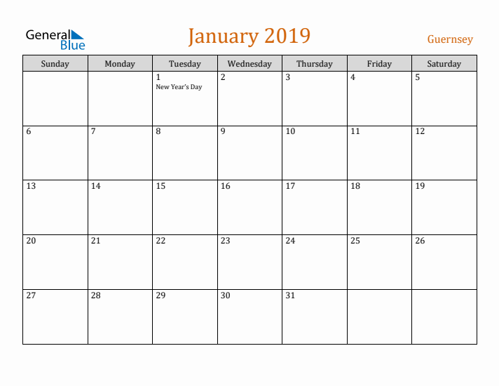 January 2019 Holiday Calendar with Sunday Start