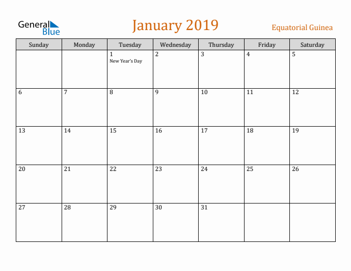 January 2019 Holiday Calendar with Sunday Start