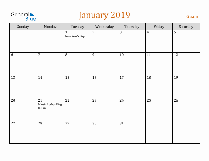 January 2019 Holiday Calendar with Sunday Start