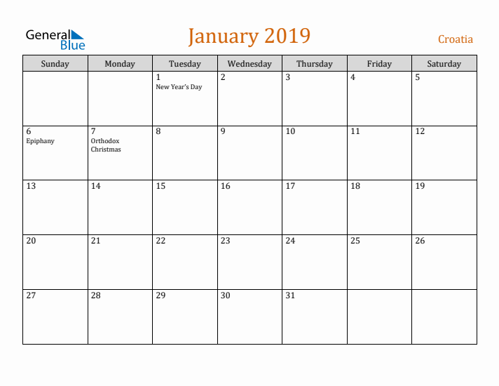 January 2019 Holiday Calendar with Sunday Start