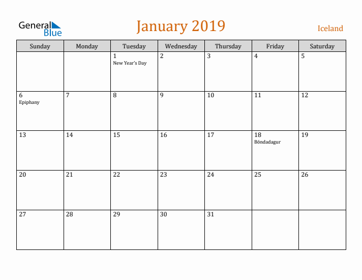 January 2019 Holiday Calendar with Sunday Start