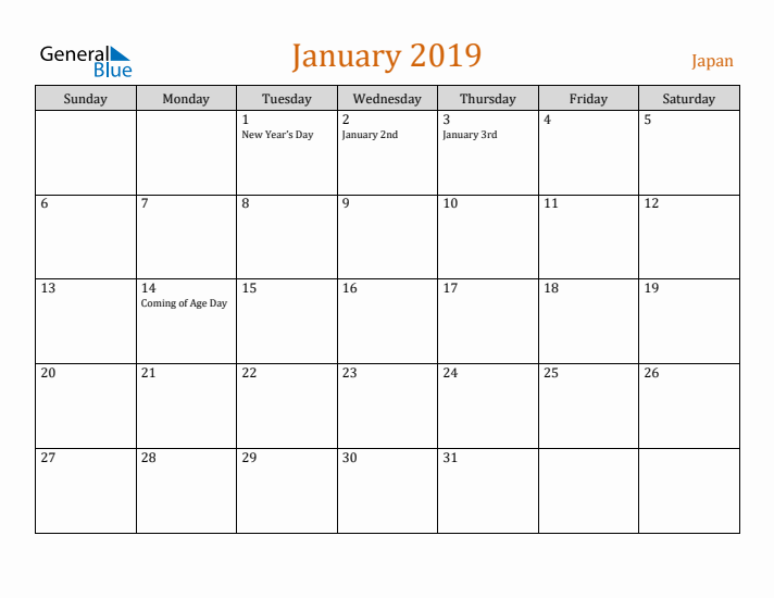 January 2019 Holiday Calendar with Sunday Start